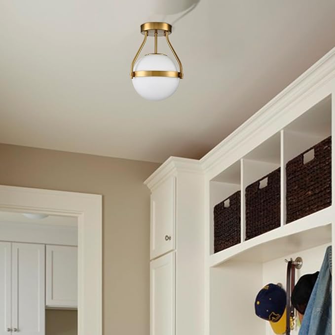 HOLKIRT Modern Semi Flush Mount Light, Mid Century Style 7Inch/18CM Brass Globe - Image 3