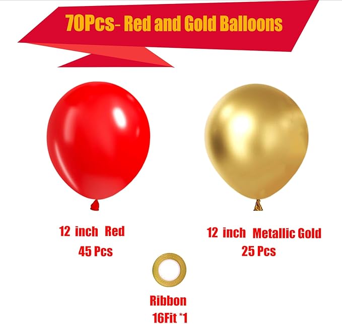 Red and Gold Balloons, 70 Pack 12 inch Metallic Gold and Helium Matte Red - Image 2