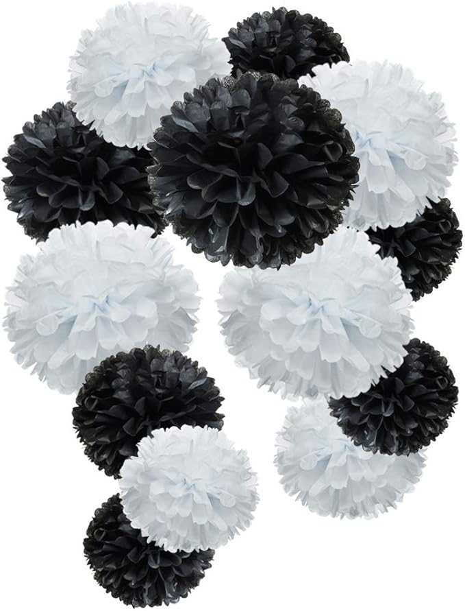 Black and White Paper Flower Tissue Pom Poms Party Supplies by MOWO