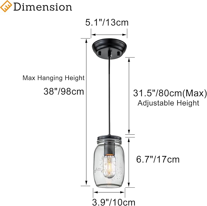 Kitchen Island Light, 1 Lights Adjustable Pendant Lighting, Glass Mason Jar - Image 3