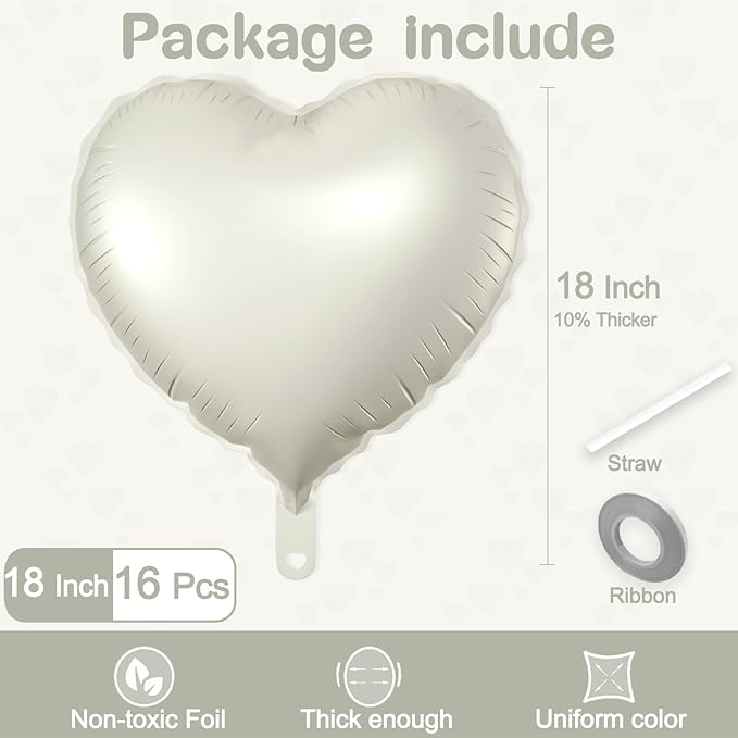 16 Pcs Heart Balloons, 18 White Sand Inch Love Heart Shaped Foil Balloons - Image 2