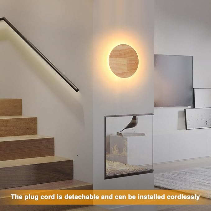 Modern Minimalist Plug in Wall Sconces, Plug-in Or Cordless 11.8'' Round Wood - Image 5