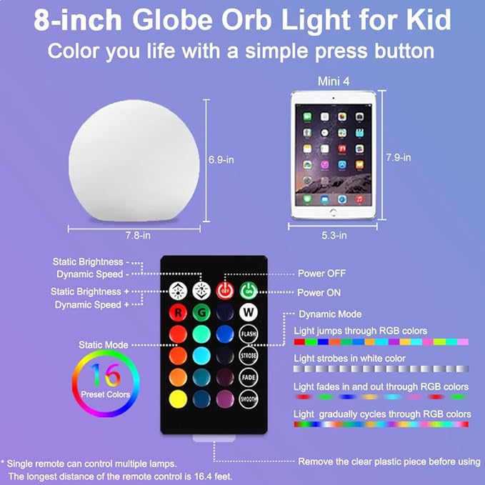8-in LED Glowing Ball Light for Kid, 16 RGB Color Changing Globe Orb Night - Image 8