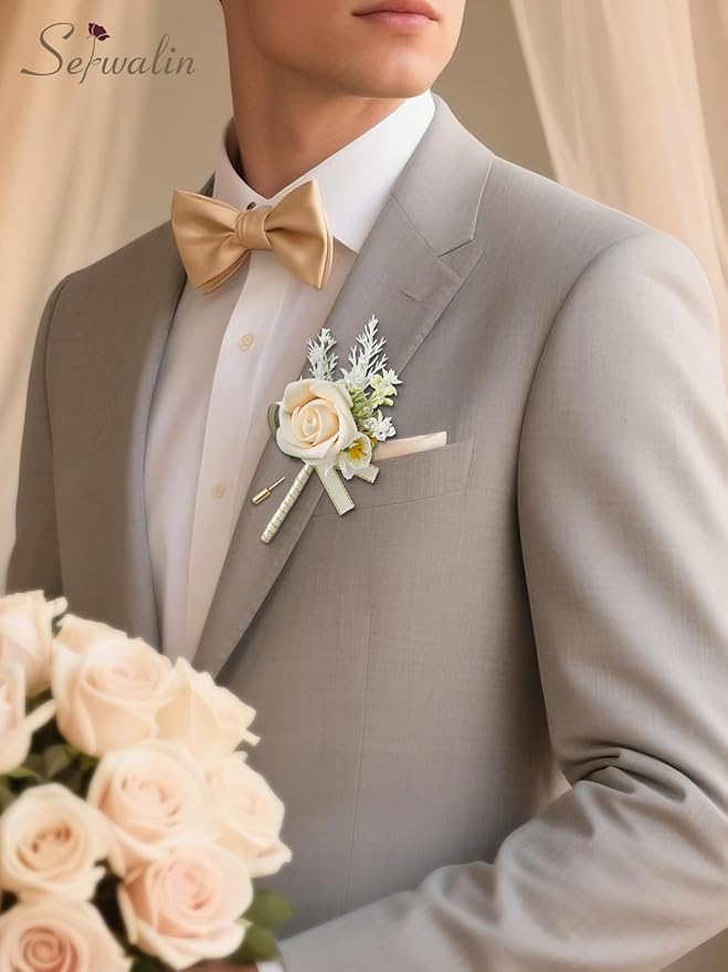 Serwalin 10Pcs Boutonniere for Men Wedding, Champagne Groom and Best Man - Image 5
