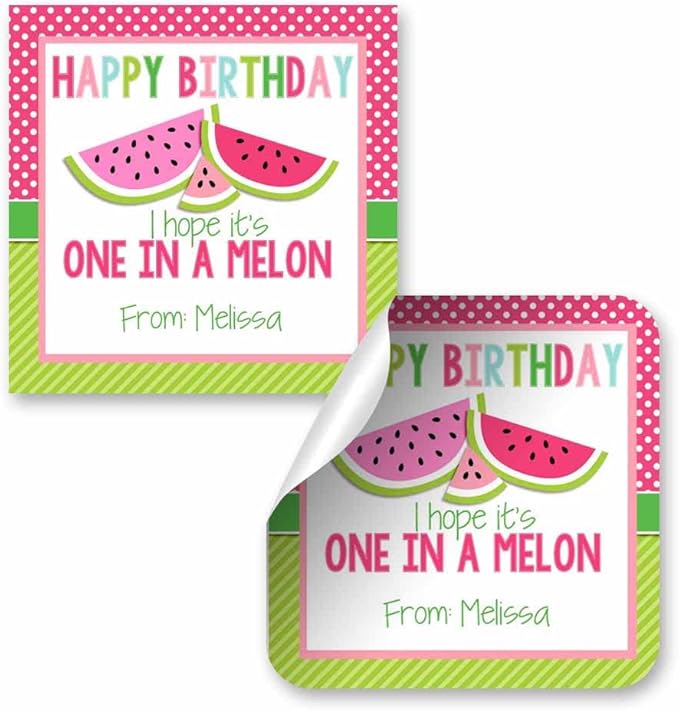 Custom & Personalized One in A Melon Watermelon Happy Birthday Gift Tag Sticker by AmandaCreation