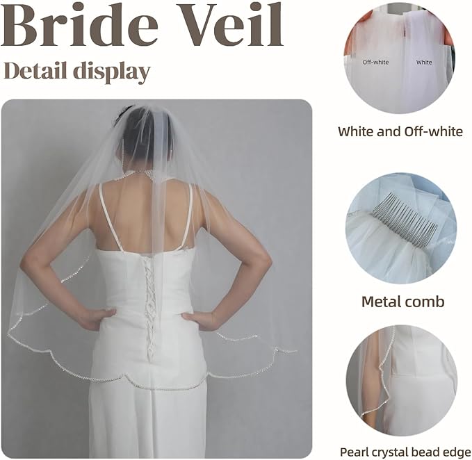 Bridal Veils Pearls and Crystals Beaded Edge Fingertip Length Wedding Veil - Image 4