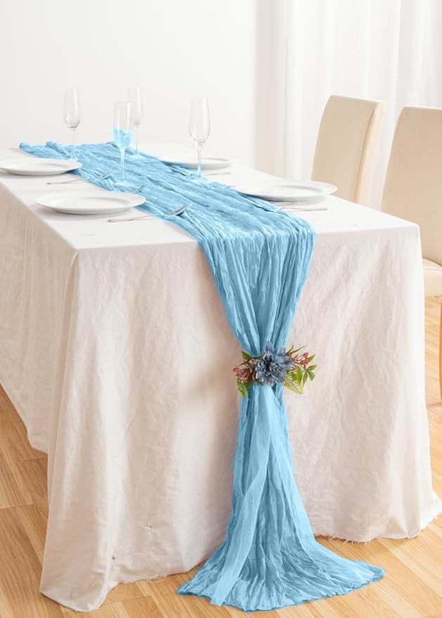 8 Pack 10Ft Table Runner 35x120 inch Baby Blue Boho Gauze Table Cheese Cloth - Image 6