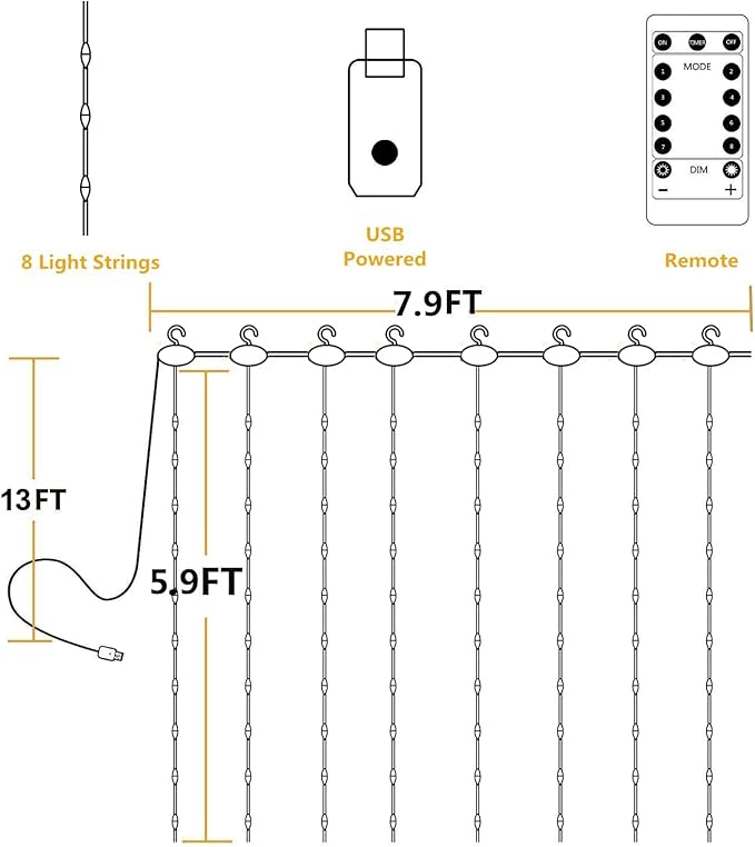 YEOLEH String Lights Curtain, 7.9 x 5.9Ft 144LEDs USB Powered Fairy Lights - Image 2
