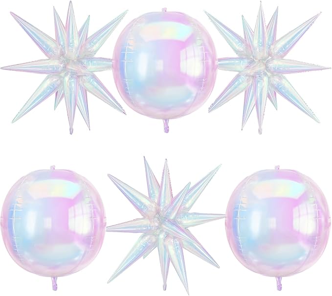 6Pcs Iridescent Foil Balloons, 22in 4D Round Ball and 18in Explosion Star by vibzox