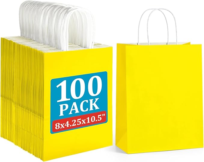 BagDream 8x4.25x10.5 Inch 100Pcs Yellow Gift Bags Medium, Kraft Paper Bags by BagDream