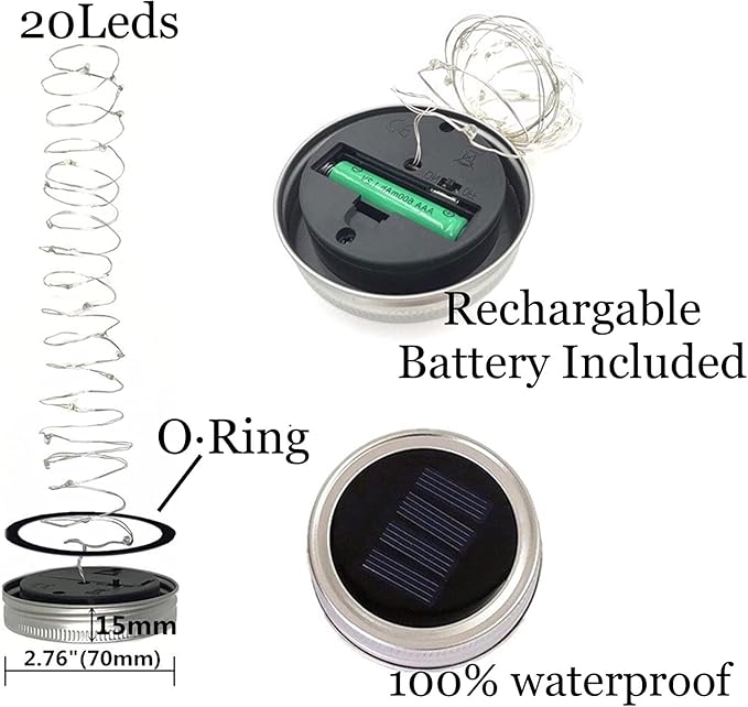 Solar Mason Jar Lid String Lights, 8 Pack 20 Led String Fairy Star Firefly Jar - Image 3
