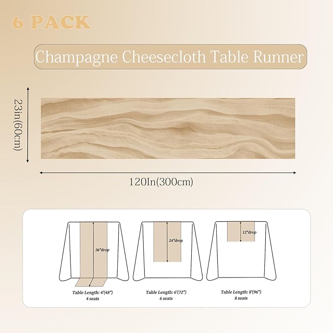 6 Pack Beige Cheesecloth Table Runner 23x120 inch Rustic Boho Gauze Table - Image 4