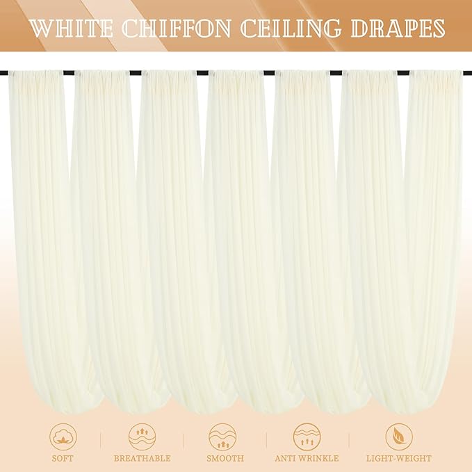 6 Panels Ivory Ceiling Drapes for Wedding 5ftx30ft Sheer Drapery Chiffon Fabric - Image 7