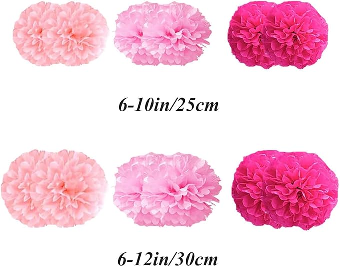 12pcs 10in 12in Pink Pack Paper Pom Poms Tissue Paper Party Pink Decor Flower - Image 2