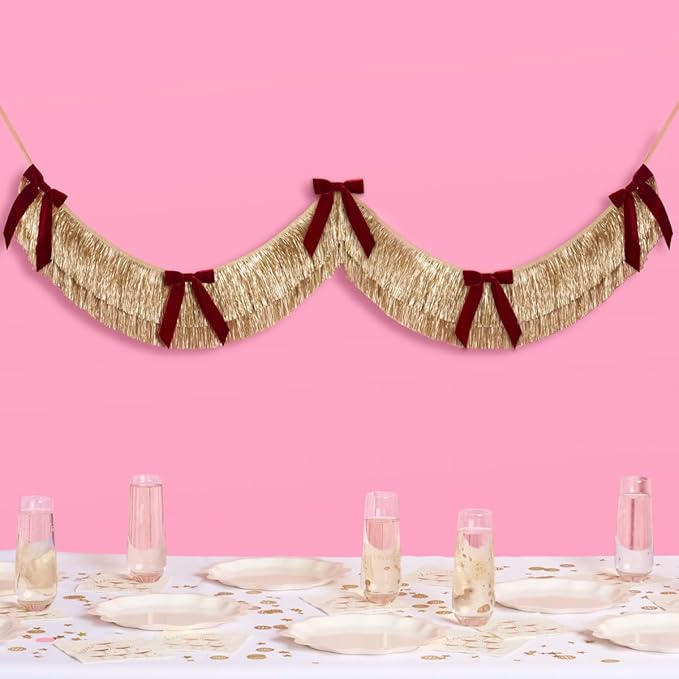 xo, Fetti Gold Fringe + Red Velvet Bow Banner 6 Ft. | Bachelorette Decoration by xoFetti