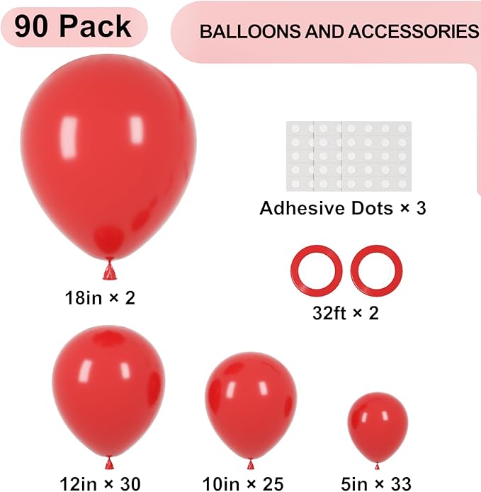 90pack Red Balloons Different Size 18/12/10/5 Inch Red Balloon Garland Arch Kit - Image 2