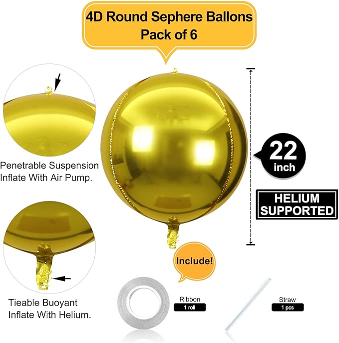 6 Pack Gold Balloons 22 Inch 4D Big Round Foil Balloons Gold Metallic Balloons - Image 2