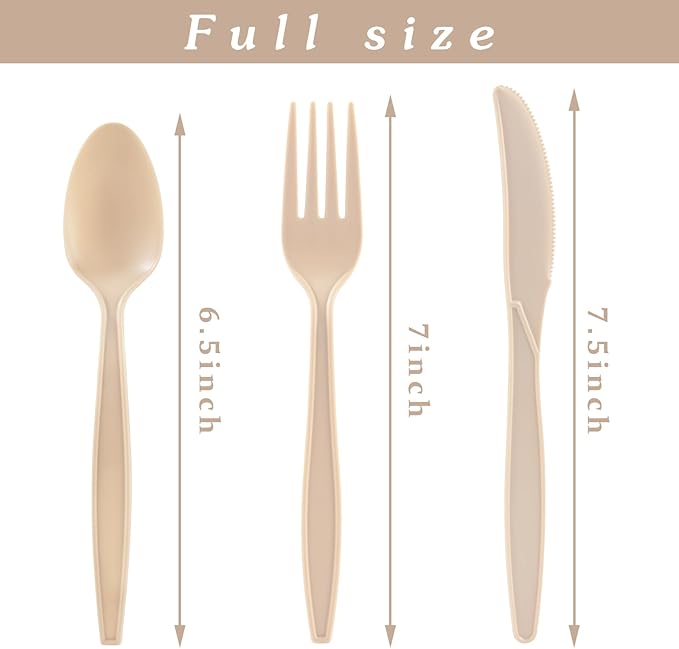 100% Compostable Silverware, Light Brown Plastic Silverware 100 Forks 100 - Image 3
