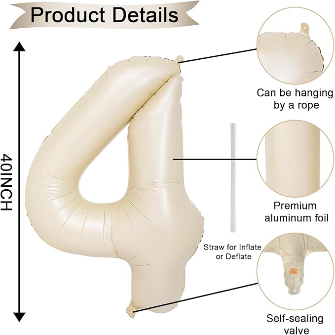 40 Inch 4 Balloons, Large Beige Number 4 Balloon - Image 2