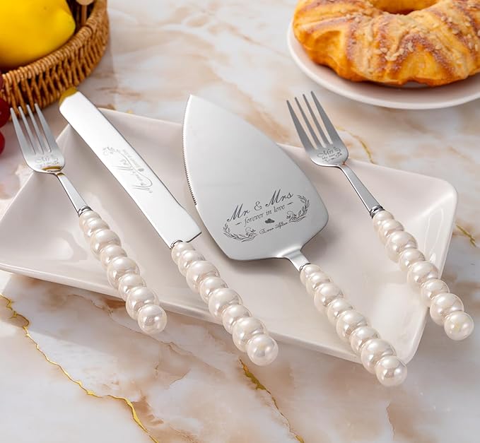 Wedding Cake Knife and Server Set, Ceramic Pearl Handle Cake Cutting Set - Image 6