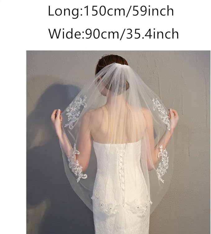 Elegent Lace Appliques Wedding Veil Crystal Beaded, Wedding Bridal Veil - Image 2