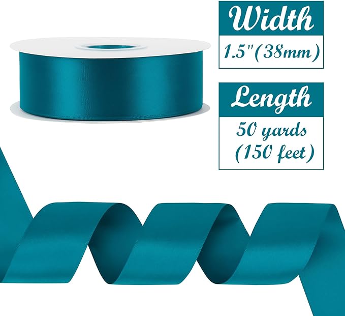 HUIHUANG Peacock Blue Ribbon 1-1/2 inch x 50 Yards Peacock Double-Faced Satin - Image 2