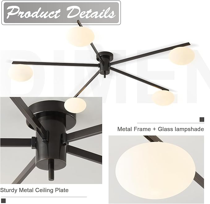 5 Lights Mid Century Modern Black Sputnik Semi Flush Mount Ceiling Light - Image 3