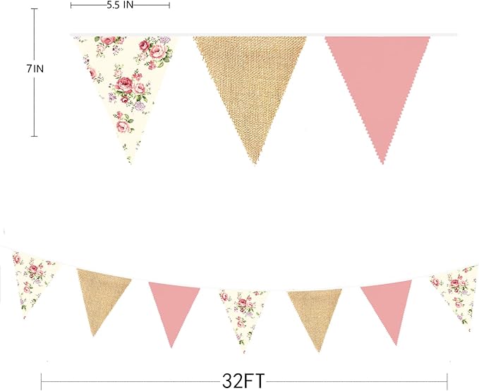 32Ft Flora Party Decorations Blush Rose Pink Burlap Flora Triangle Flag Fabric - Image 7