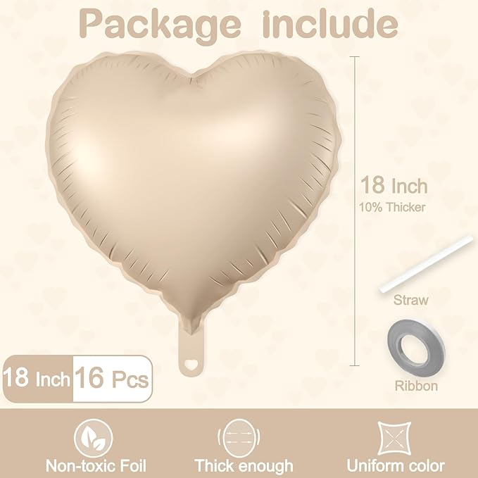 16 Pcs Heart Balloons, 18 Inch Beige Love Heart Shaped Foil Balloons - Image 2