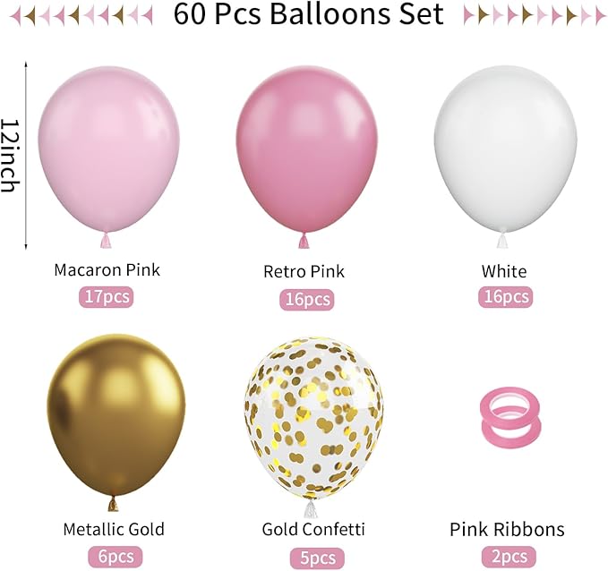 FunHot Pink and Gold Balloons, 12 Inch Metallic Gold Confetti Balloons Helium - Image 2