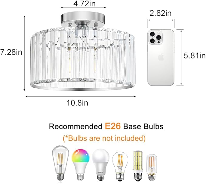Crystal Ceiling Light Fixture, Chrome Close To Ceiling Light Fixtures, Modern - Image 7