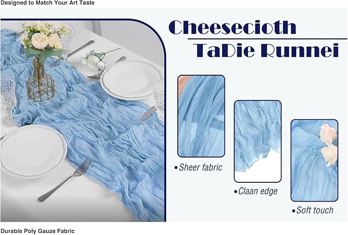 6 Pack Baby Blue Cheesecloth Table Runner 20x120 Inch Boho Wrinkled Sheer - Image 2