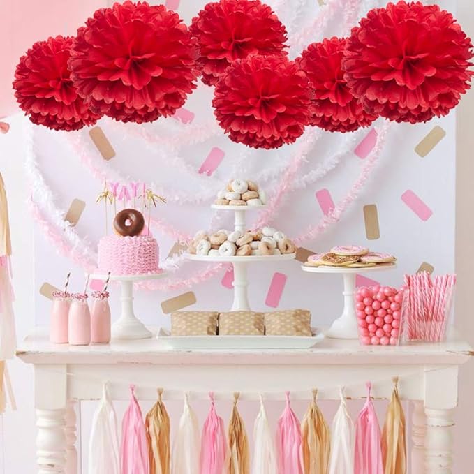 MOWO Red Paper Flower Tissue Pom Poms Party Supplies - Image 3