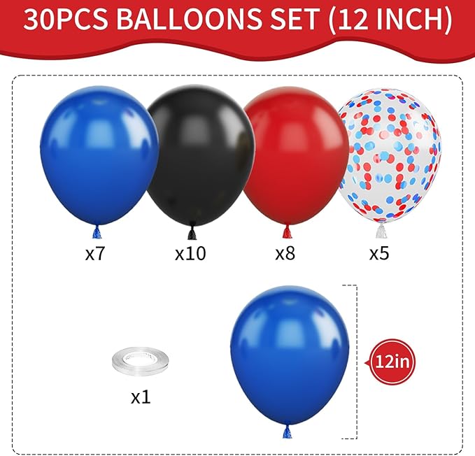 Red Blue Black Balloon Set, 12 Inch Matte Red Black and Royal Blue Latex Balloon - Image 2
