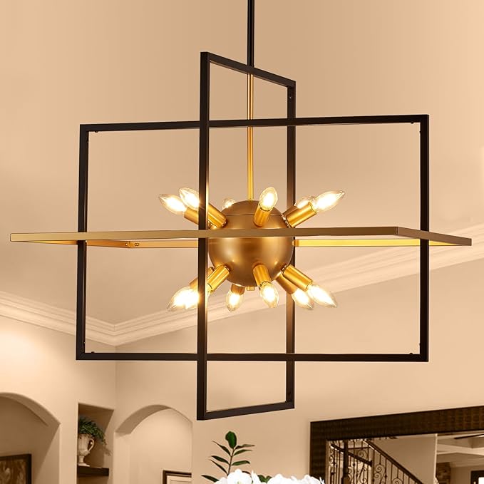 31.5'' Large Modern Lantern Chandeliers, 12-Light Black Gold Geometric Pendant by TACDANDM