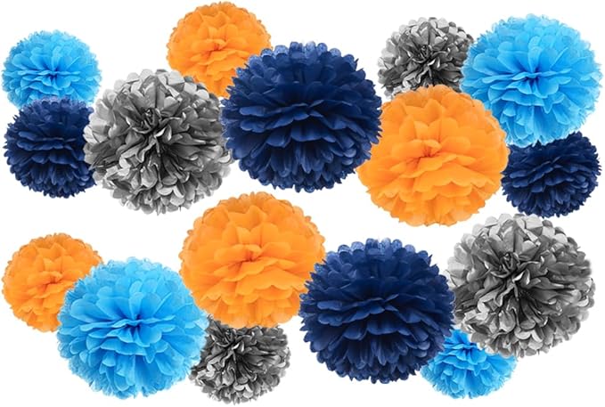 Silver Blue Orange and Navy Blue Tissue Paper Pom Poms Flower by MOWO