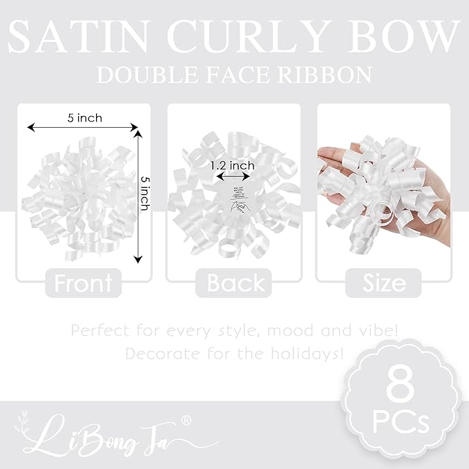 5 Inch White Gift Bow Curly Ribbon Bows Set of 8, Double Faced Satin Ribbon Bow - Image 2
