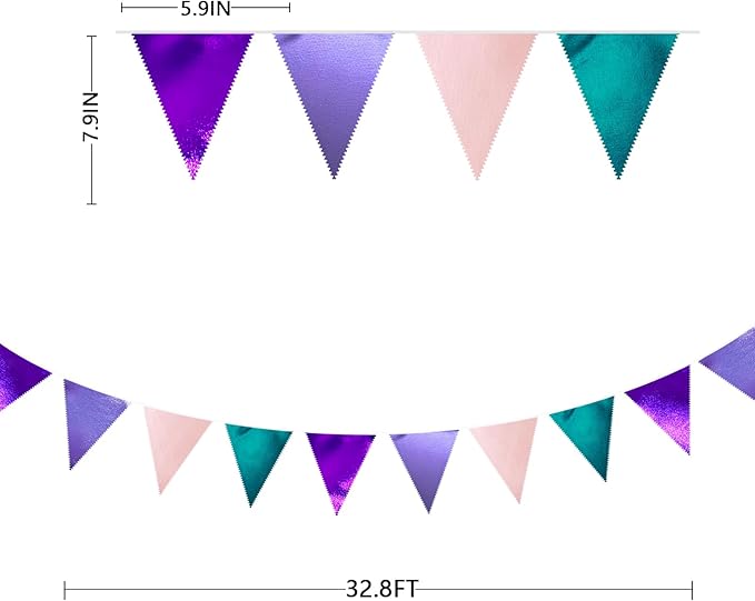 Mermaid Party Decorations Purple Pink and Teal Aqua Metallic Fabric Triangle - Image 2