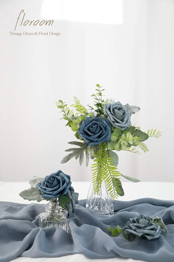 Floroom Artificial Flowers 50pcs Real Looking Dusty Blue Foam Fake Roses - Image 4