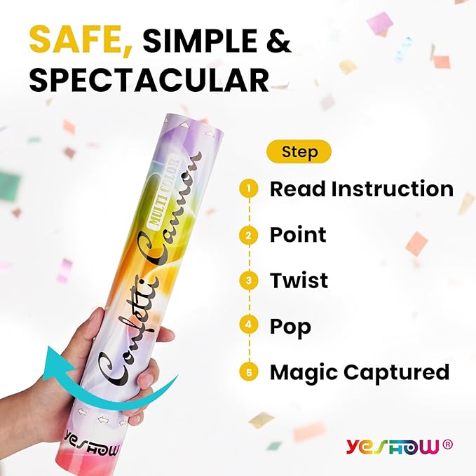 Confetti Cannon Party Poppers Biodegradable Shooters, YESHOW Multicolor - Image 2