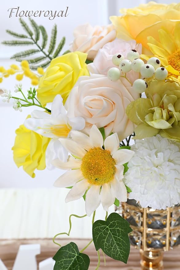 Floweroyal Artificial Flowers Combo Yellow Flowers Mix Silk Flowers Fake Roses - Image 2