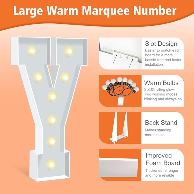Marquee Letters 3 Feet Tall, Warm White Light Up Letters Y, Large Marquee Letter - Image 3
