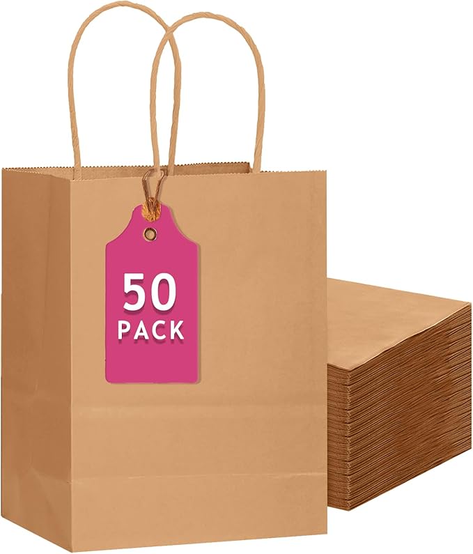 qiqee 50-Packs Brown Paper Gift Bags by Qiqee
