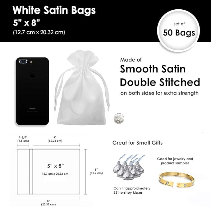 5" x 8" White Satin Gift Bags, Jewelry Bags, Wedding Favor Drawstring Baby - Image 2