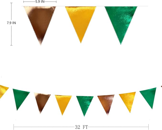 Green Gold Brown Metallic Fabric Triangle Pennant Banner Flag Bunting Garland - Image 2