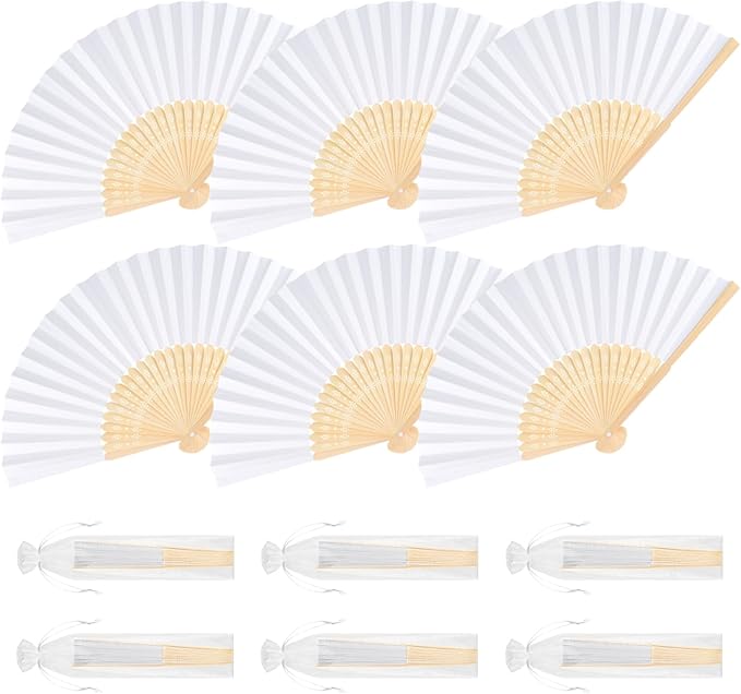 6 Pieces White Hand Held Bamboo Folding Fans Foldable Paper Fans Handheld by Bringsparkletoeverydaylife