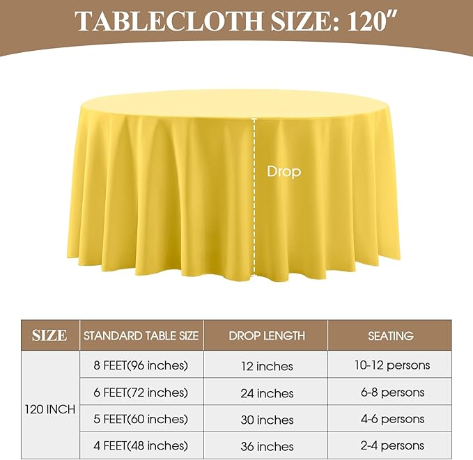 Round Tablecloth 120 Inch 6 Pack Yellow Tablecloths Washable Decorative Linen - Image 6
