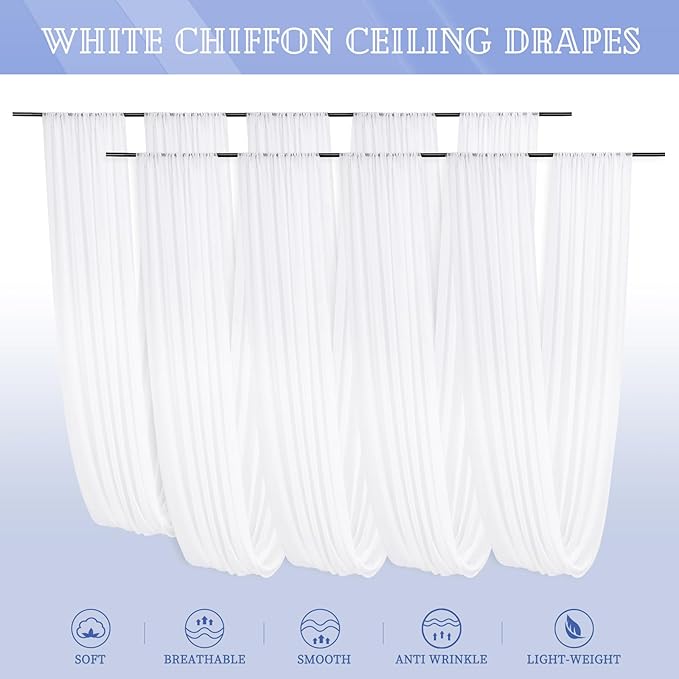 8 Panels White Ceiling Drapes for Wedding 5ftx30ft Sheer Drapery Chiffon Fabric - Image 7