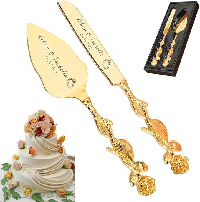 Engraved Personalized Gold Wedding Cake Knife and Server Set by Vebon