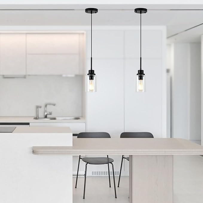 Island Lights for Kitchen, Modern Black Farmhouse Clear Glass Cylinder Pendant - Image 7